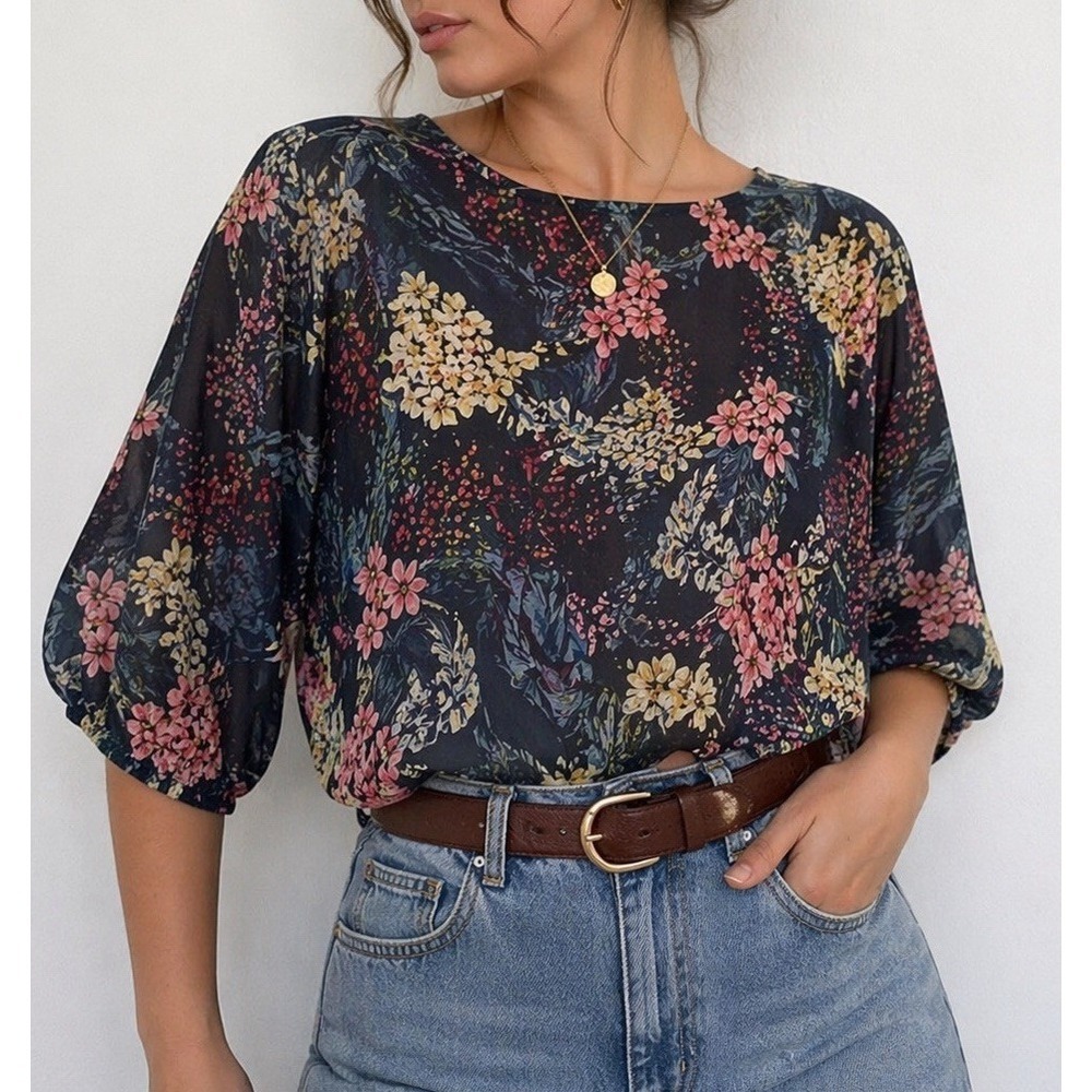 Floral Cotton Tunic Blouse Relaxed Sz M Boho Lightweight Semi-Sheer Puff Sleeve